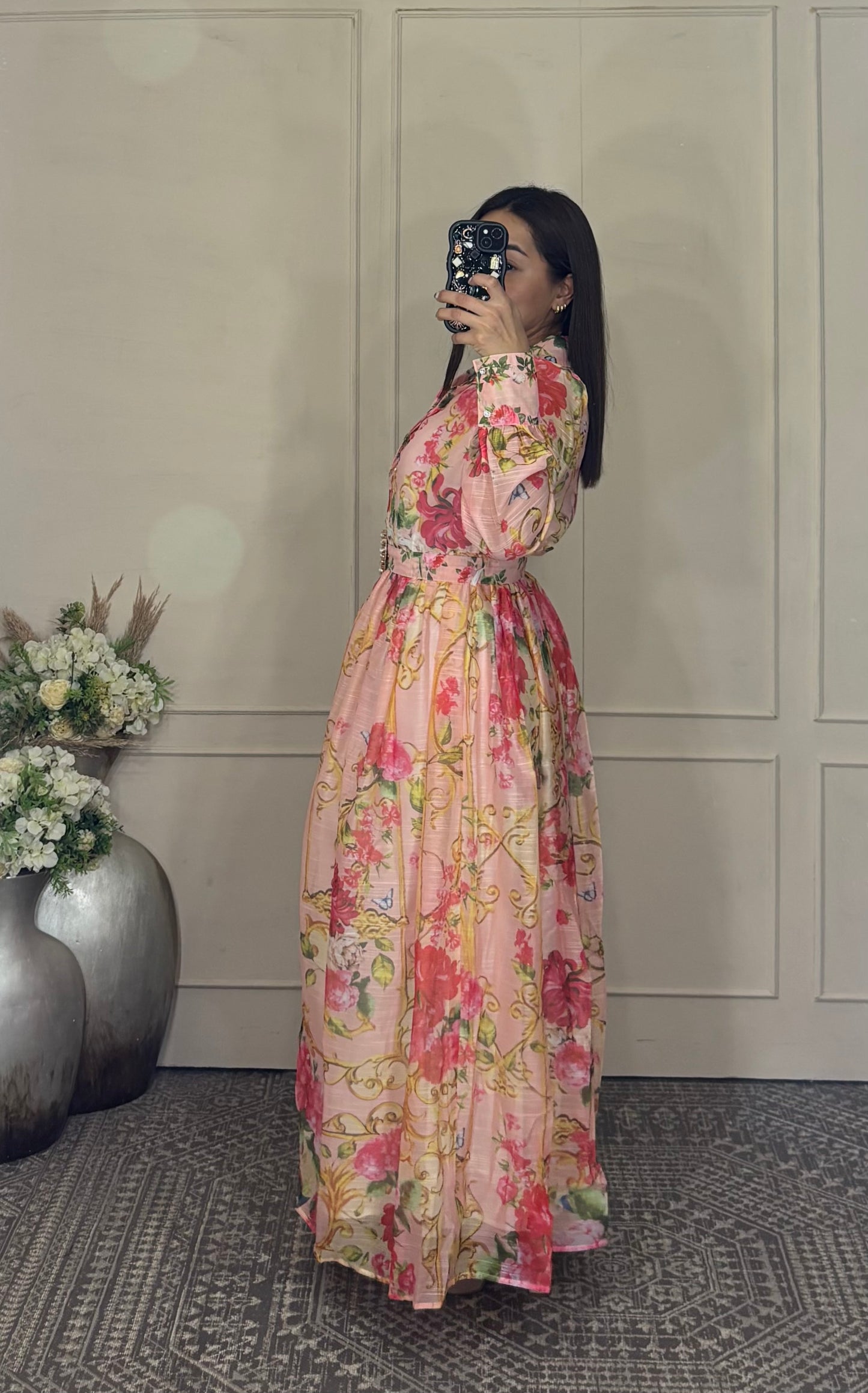 Vestido rosa salmón cuello V