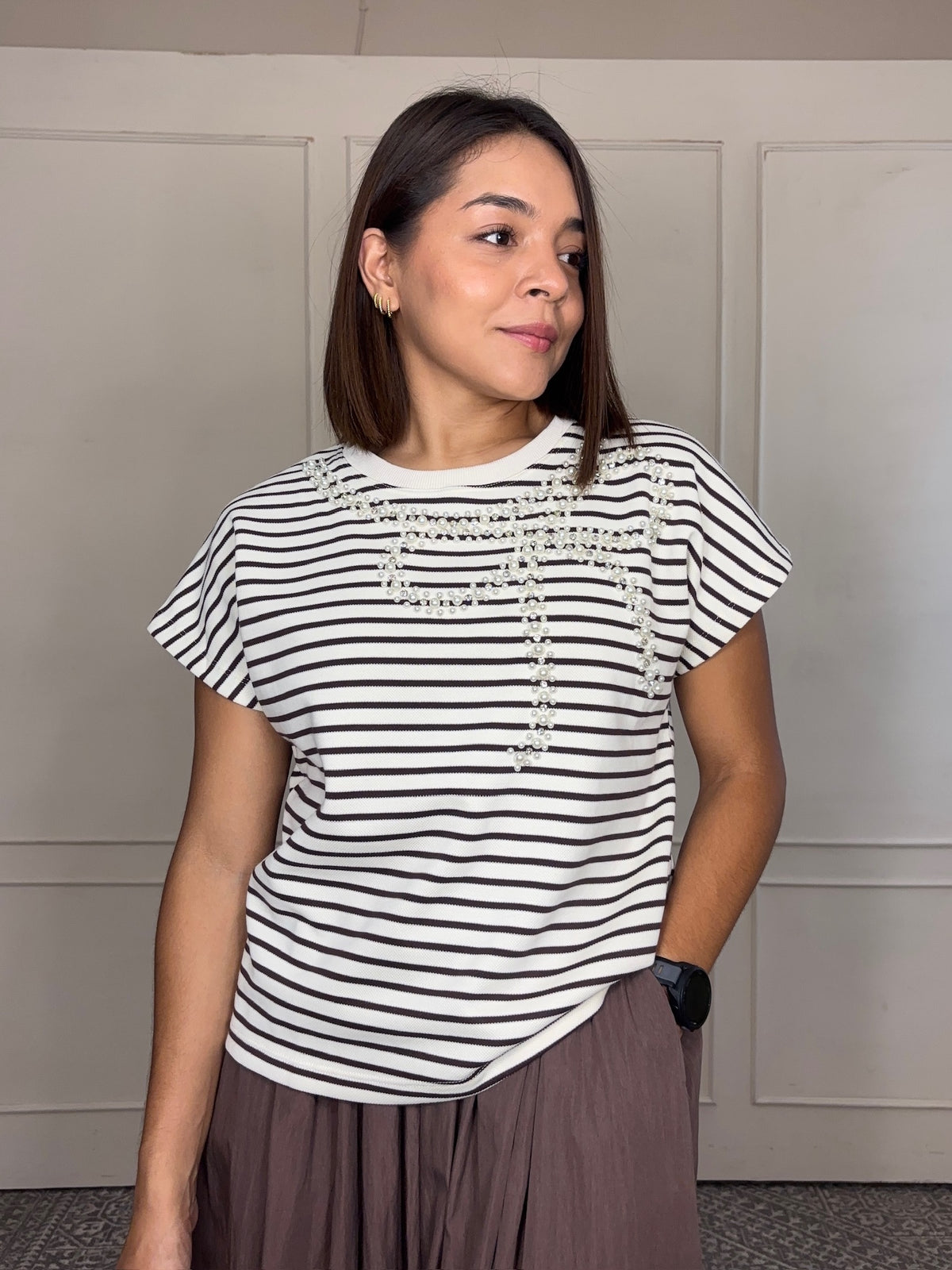 Blusa Andrea · Rayas con Moño de Perlas