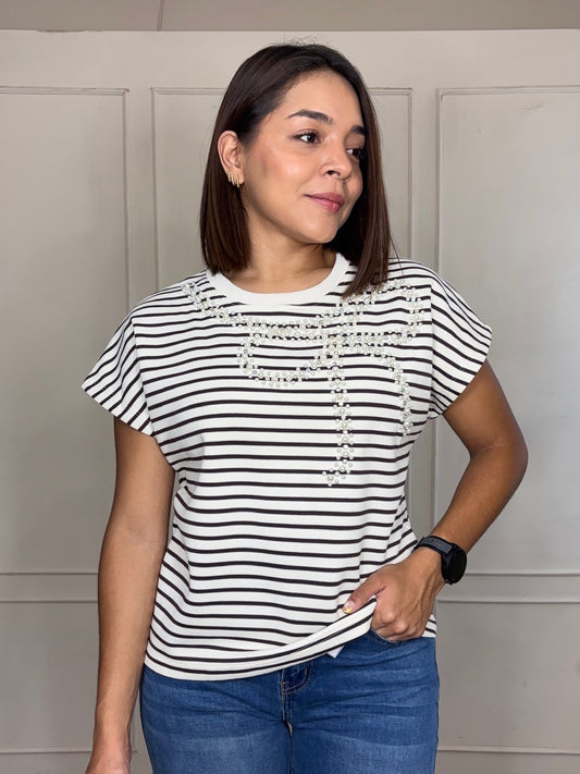 Blusa Andrea · Rayas con Moño de Perlas