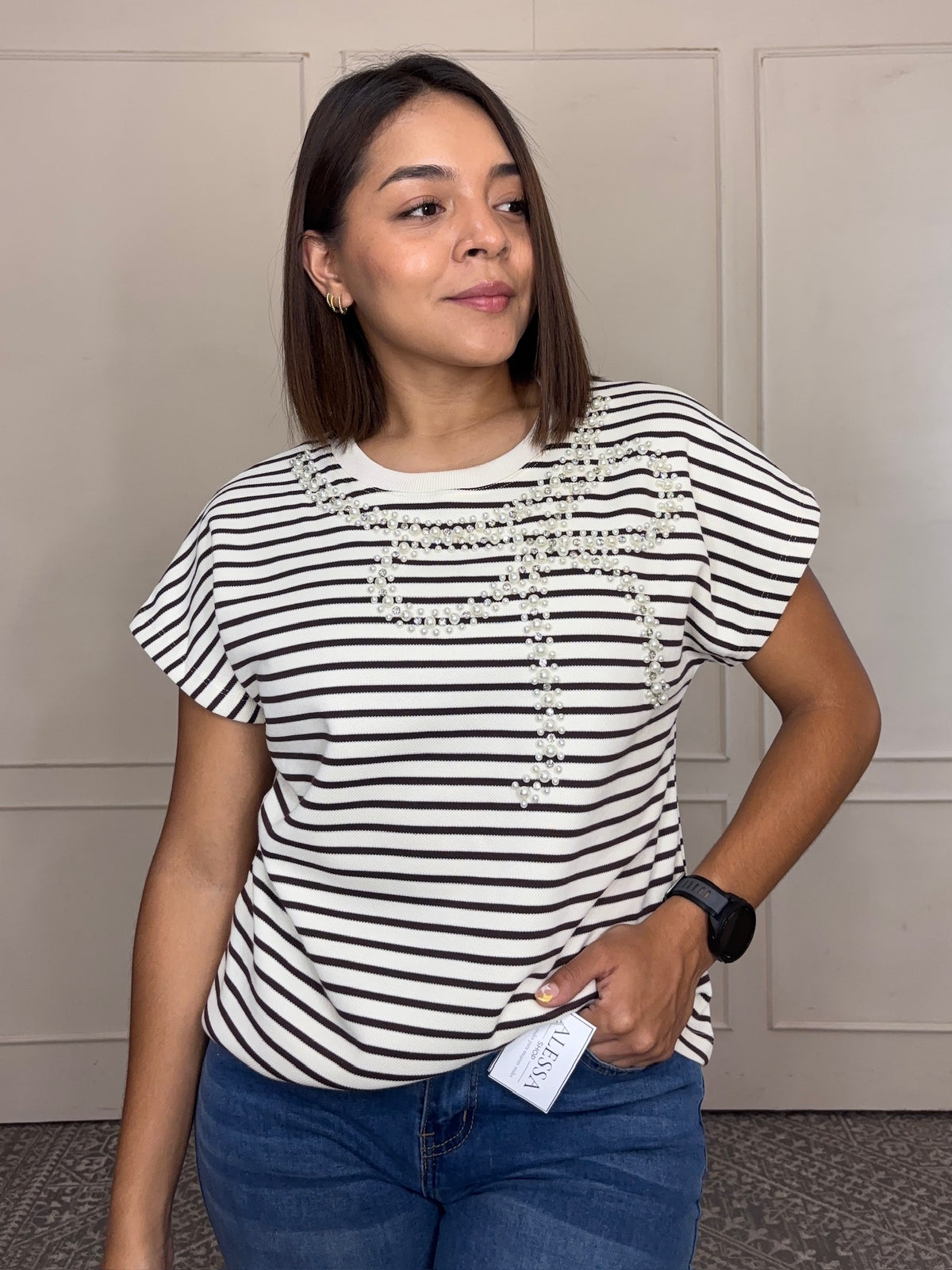 Blusa Andrea · Rayas con Moño de Perlas