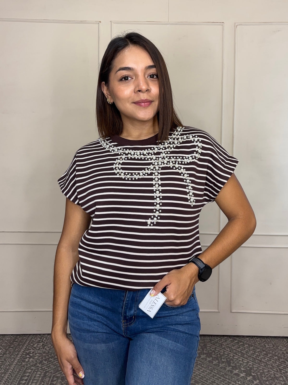 Blusa Andrea · Rayas con Moño de Perlas