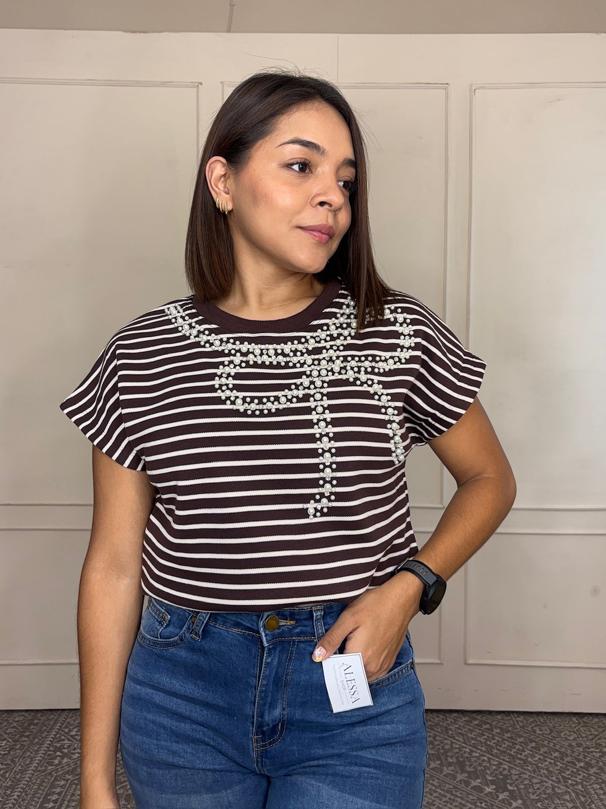 Blusa Andrea · Rayas con Moño de Perlas