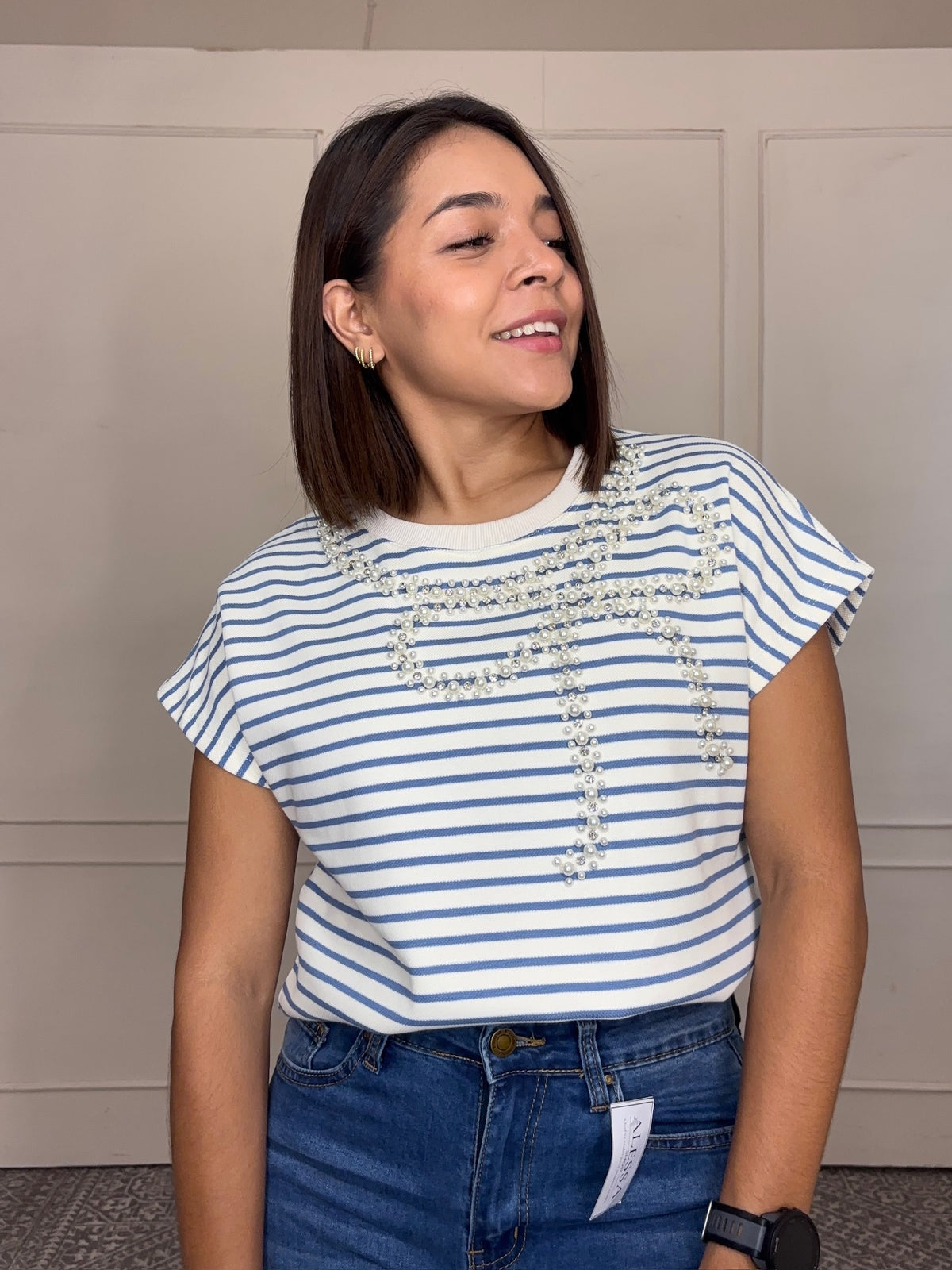 Blusa Andrea · Rayas con Moño de Perlas