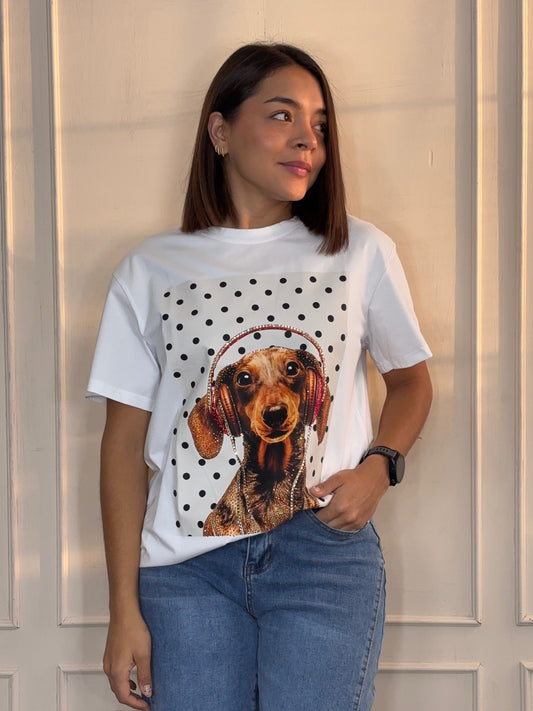 Playera Renée · Perrito con Audífonos