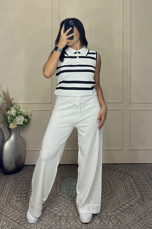 Conjunto 2 piezas chaleco rayas boton brillo y pantalon
